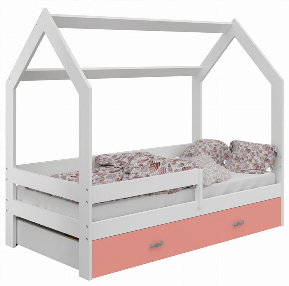 eoshop Detská posteľ Domček 80x160 cm D3, rošt ZADARMO - biela, zábrana: biela, úlož. jednoducho: ružová, matracu: s matrac